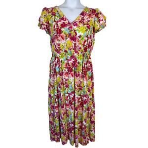 Westbound Floral Midi Dress Sz L Faux Wrap Short Sleeve Rayon Boho Cottagecore